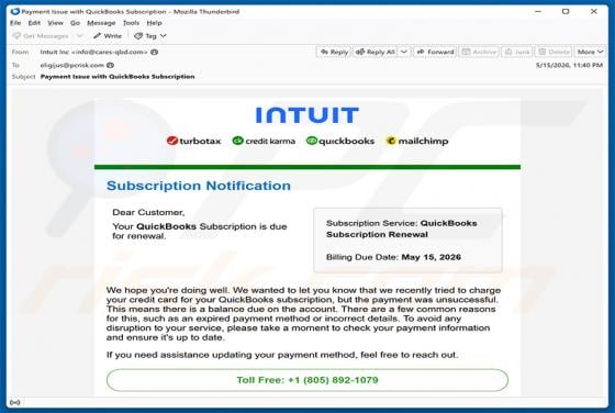 Intuit QuickBooks Subscription Is Due For Renewal truffa via email