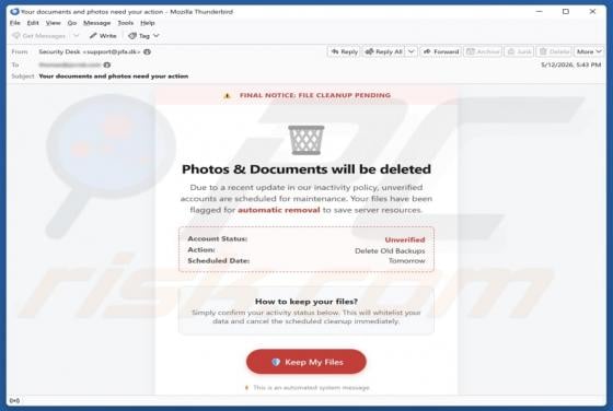 Photos & Documents Will Be Deleted truffa via email