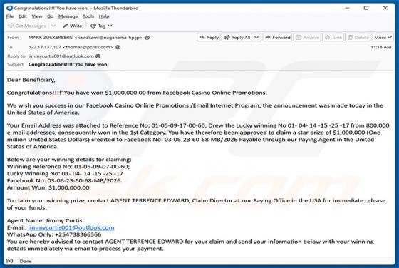Facebook Casino Online Promotions truffa via email