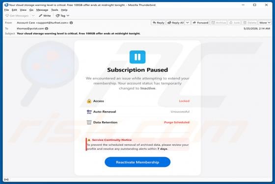 Cloud Subscription Paused truffa via email