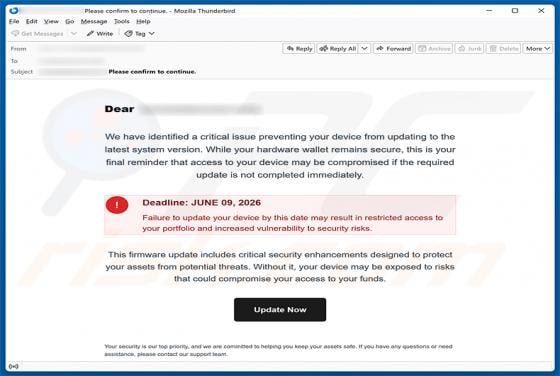 Update Your Hardware Wallet truffa via email