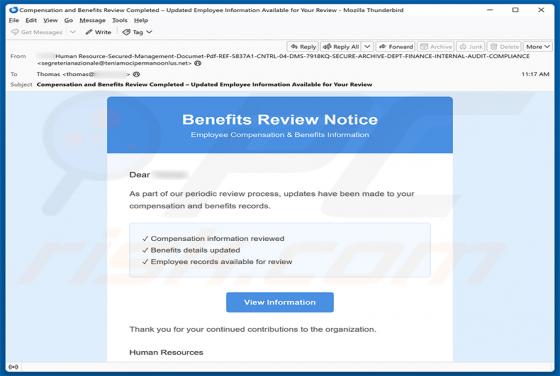 Benefits Review Notice truffa via email