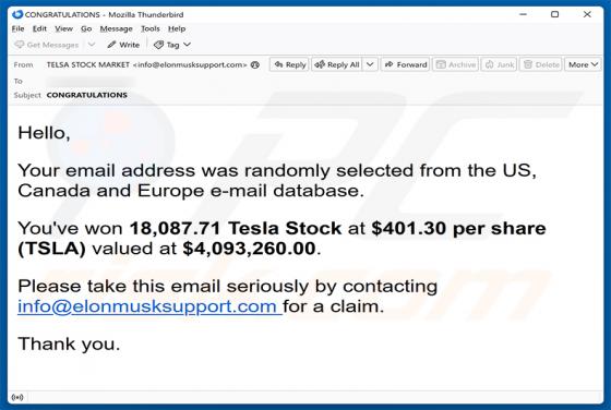 You\'ve Won Tesla Stock truffa via email