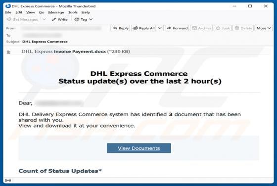 DHL Express Commerce Status Update truffa via email