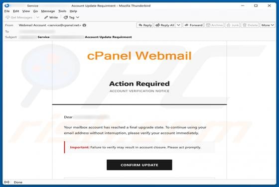 cPanel Final Account Upgrade State truffa via email
