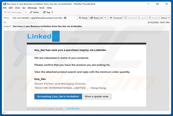 LinkedIn Purchase Inquiry truffa via email