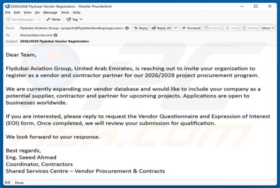 Flydubai Vendor Registration truffa via email
