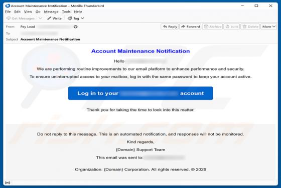 Account Maintenance Notification truffa via email