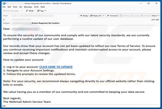 Routine Update Of User Database truffa via email