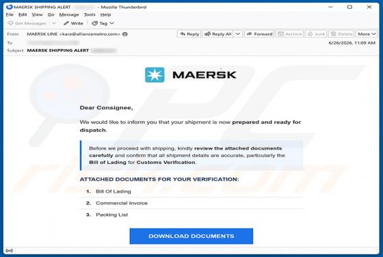 MAERSK Shipment Ready For Dispatch truffa via email