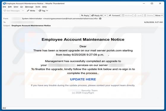 Employee Account Maintenance Notice truffa via email