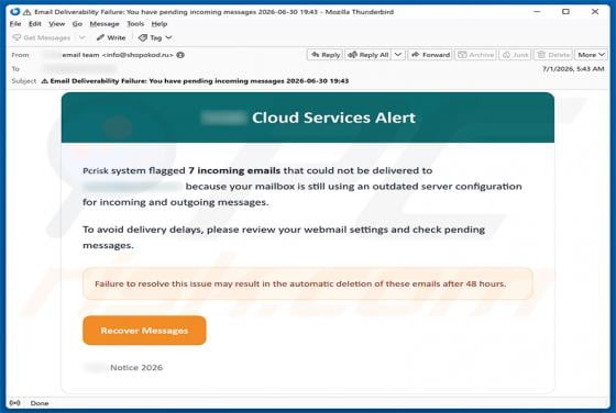 Cloud Services Alert truffa via email