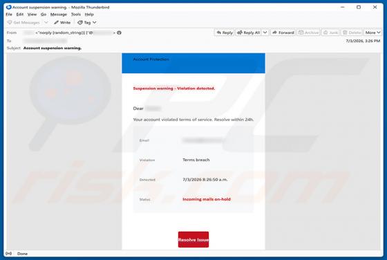 Your Account Violated Terms Of Service truffa via email