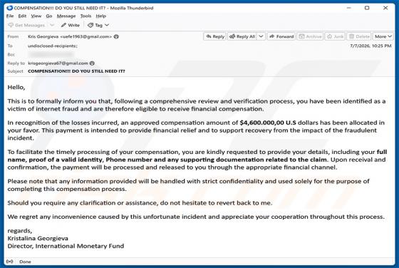 Internet Fraud Victim Compensation truffa via email