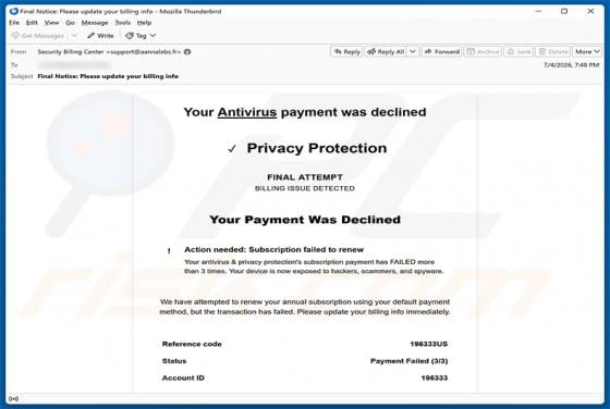 Your Antivirus Payment Was Declined truffa via email