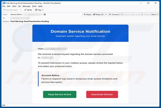 Domain Service Deactivation truffa via email