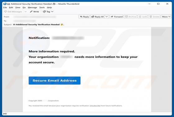 Organization Needs Information To Keep Account Secure truffa via email