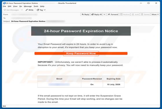 24-Hour Password Expiration Notice truffa via email
