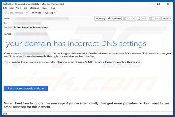 Your Domain Has Incorrect DNS Settings truffa via email