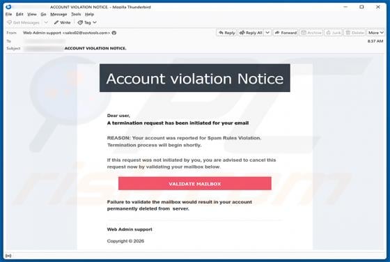 Account Violation Notice truffa via email