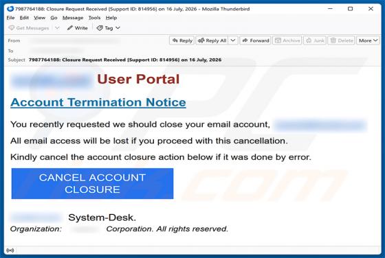 Account Termination Notice truffa via email