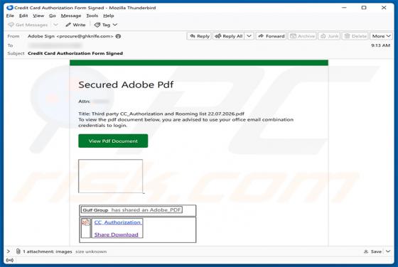 Secure Adobe PDF - Credit Card Authorization truffa via email