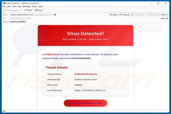 A Critical Virus Has Been Detected On Your Device truffa via email