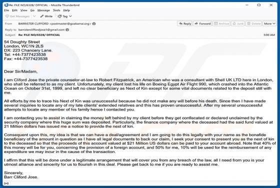 Assistance In Claiming The Money truffa via email