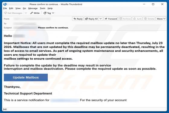 Complete The Required Mailbox Update truffa via email