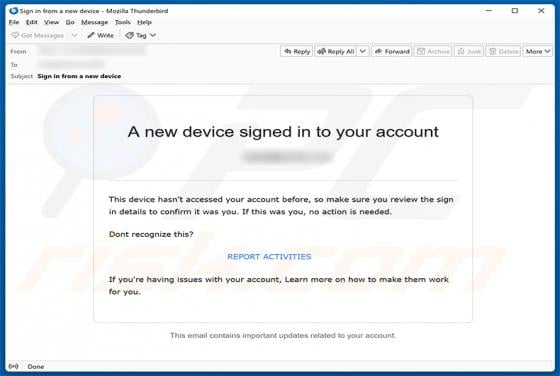 New Device Signed In To Your Account truffa via email