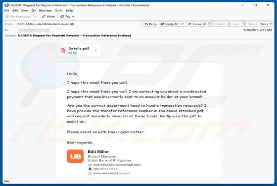 Misdirected Payment truffa via email