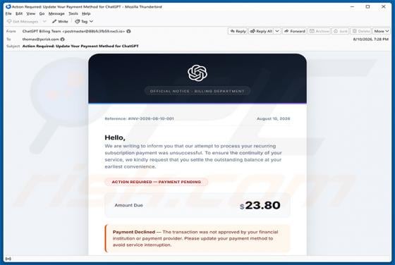 ChatGPT Payment Method Update truffa via email