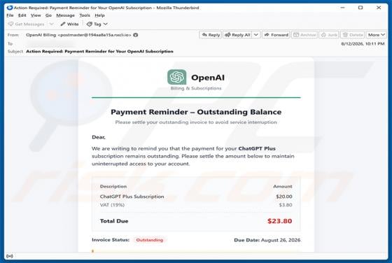 ChatGPT Payment Reminder truffa via email