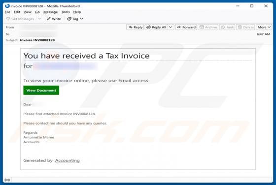 You Have Received A Tax Invoice truffa via email