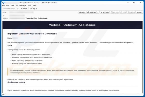 Webmail Optimum Terms and Conditions Update truffa via email