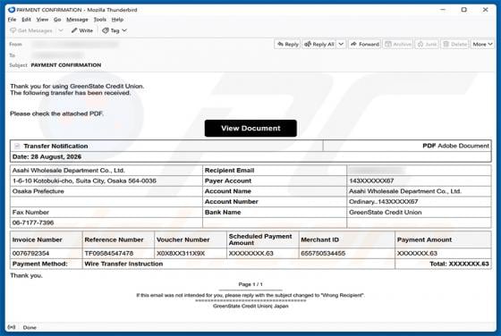 GreenState Credit Union Transfer Received truffa via email