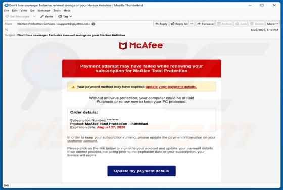 McAfee - Payment Method Expired truffa via email