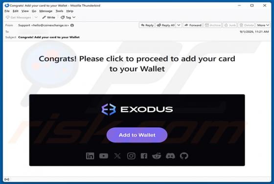 Exodus - Add Your Card To Your Wallet truffa via email