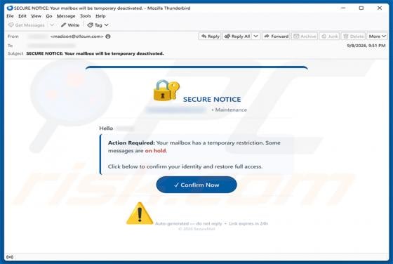 Secure Notice - Mailbox Has A temporary Restriction truffa via email