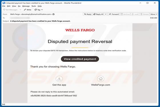 Wells Fargo - Disputed Payment Reversal truffa via email