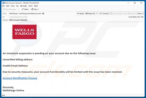 Wells Fargo - Pending Account Suspension truffa via email