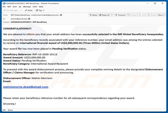 IMF Global Beneficiary Sweepstakes truffa via email