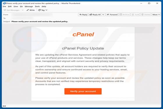 cPanel Policy Update truffa via email