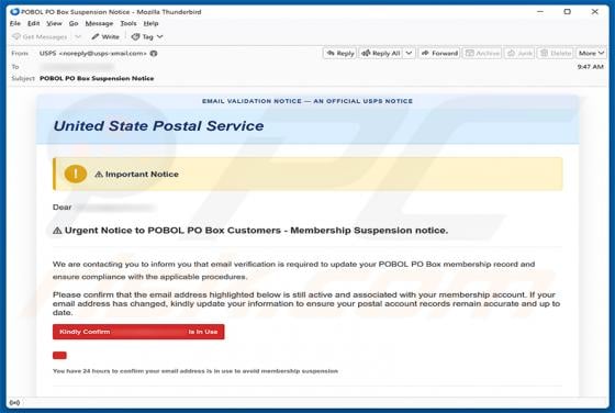 USPS POBOL Membership Suspension Notice truffa via email