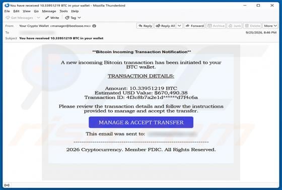 Incoming Bitcoin Transaction truffa via email