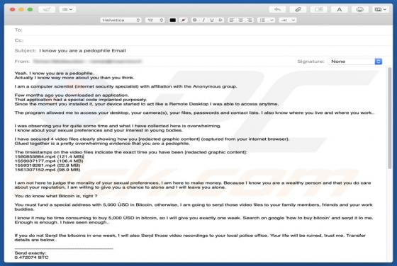 I Know You Are A Pedophile Email Truffa