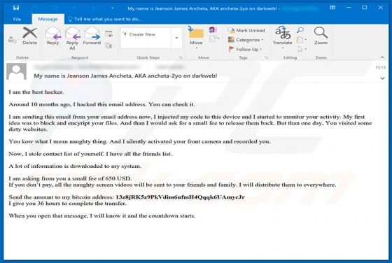 Jeanson J. Ancheta Sextortion Email Truffa