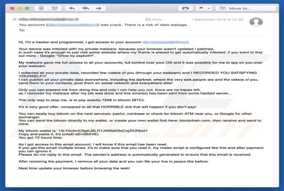 Your Device Was Infected With My Private Malware Email Truffa